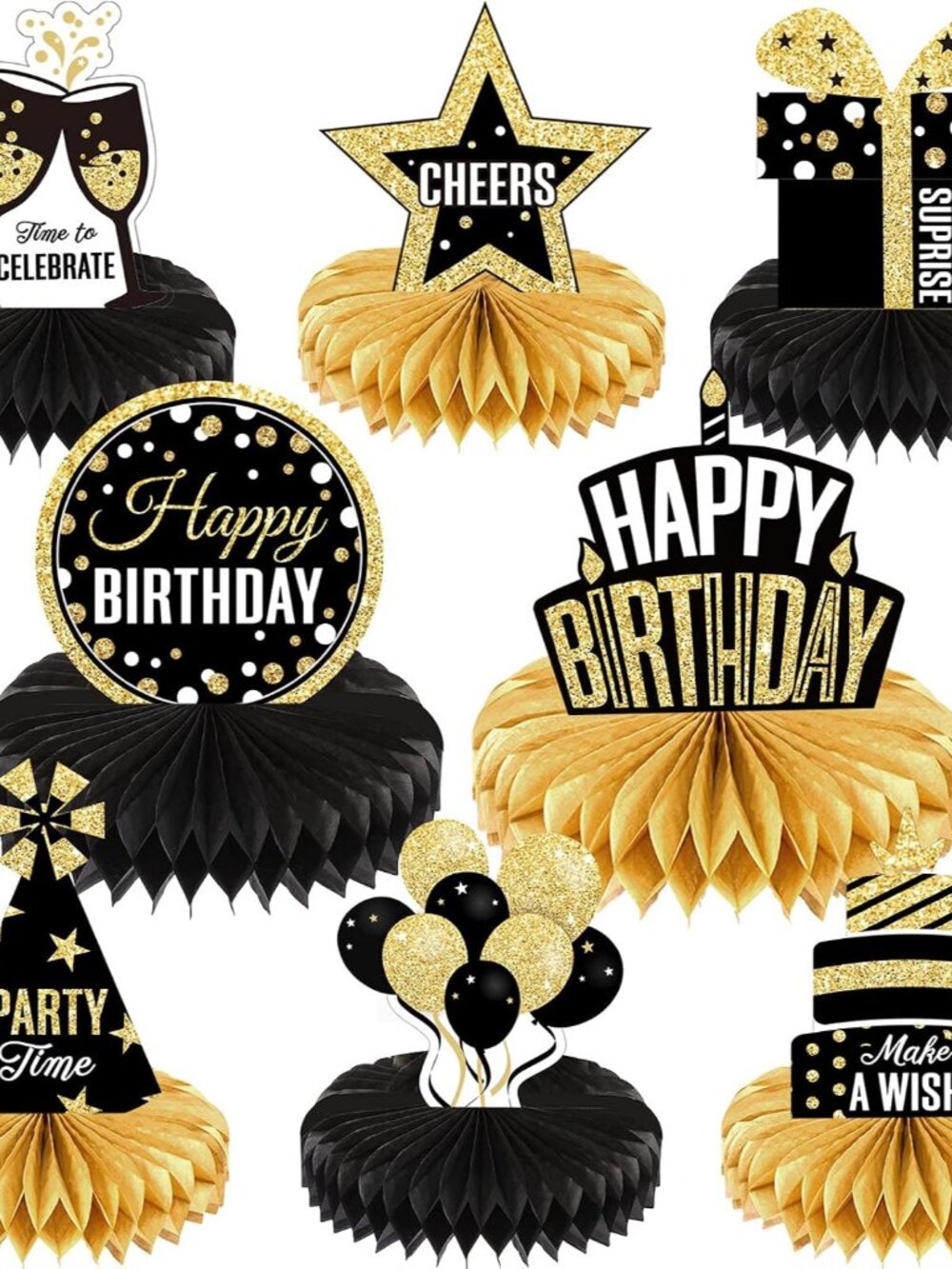 8 Pcs,Happy Birthday Table Decorations,Black and Gold Honeycomb